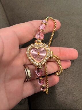 Kohl's Gold-Tone Pink Heart Crystal Bracelet Watch